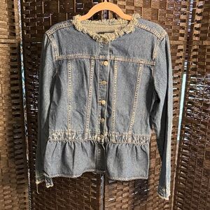 Suzanne Betro Denim Jacket with Distressed Frayed Edge - Blue Size Large